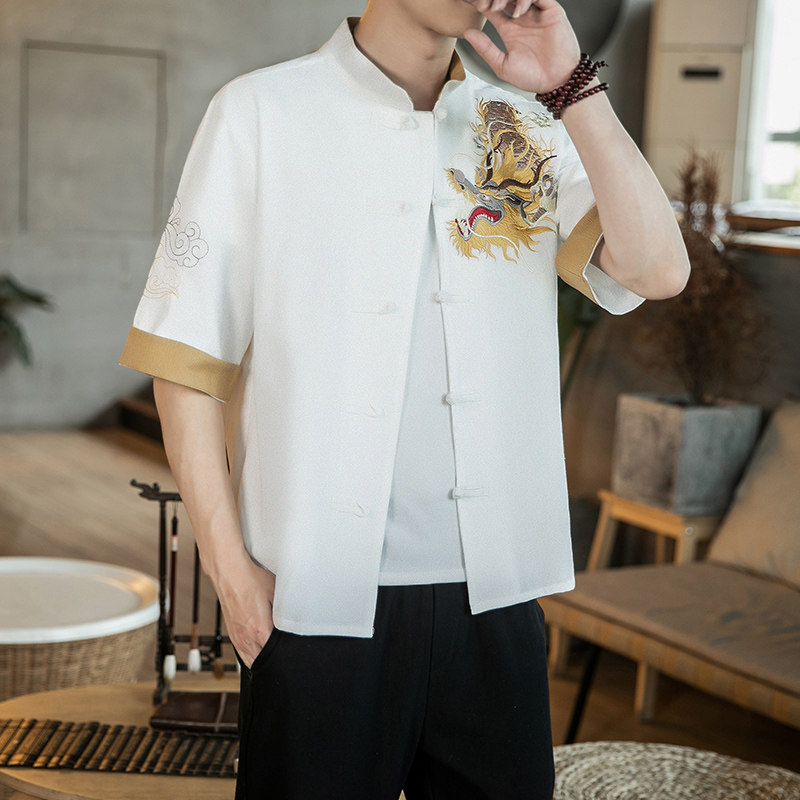 咖啡厅风春装男士胸前龙刺绣短袖衬衫白色A032/C68/55控68,男装衬衫,电商A032