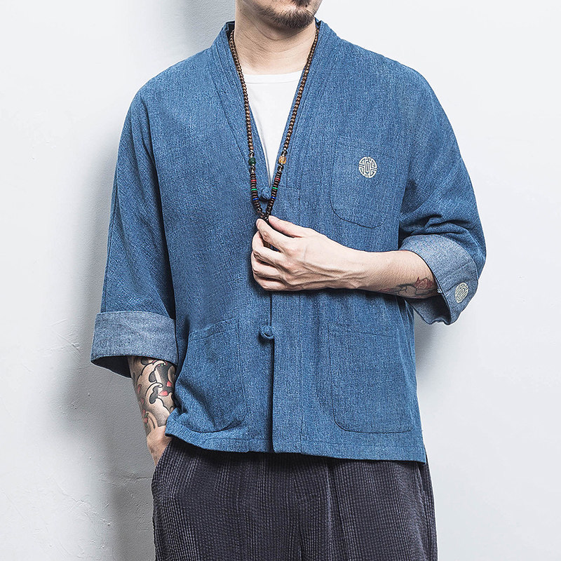 白墙 风男士汉服开衫盘扣牛仔外套蓝色A032/KS001/65控78图片