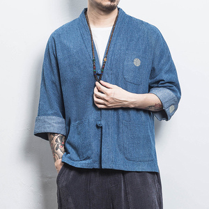 白墙 风男士汉服开衫盘扣牛仔外套蓝色A032/KS001/65控78图片