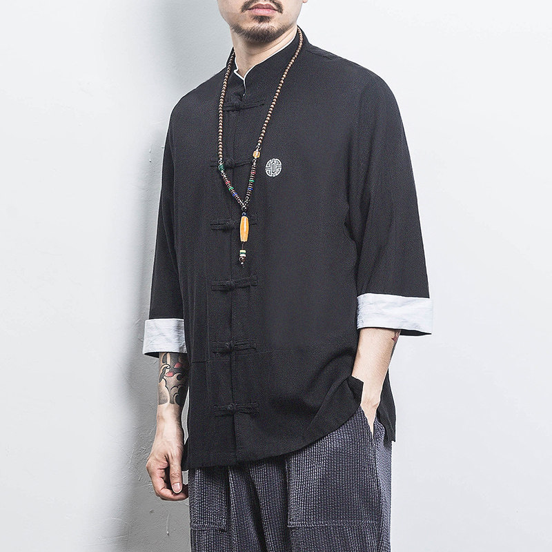 白墙风夏装男士七分袖衬衫棉麻短袖衬衣藏青A032/C66/55控68,男装衬衫,电商A032