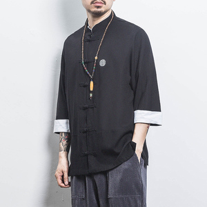 白墙风夏装 男士七分袖衬衫棉麻短袖衬衣藏青A032/C66/55控68图片