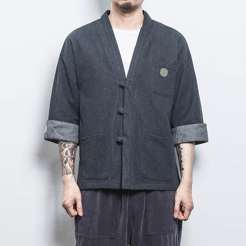 白墙风男士汉服开衫盘扣牛仔外套蓝色A032/KS001/65控78,男装衬衫,电商A032