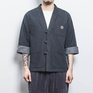 白墙 风男士汉服开衫盘扣牛仔外套蓝色A032/KS001/65控78图片