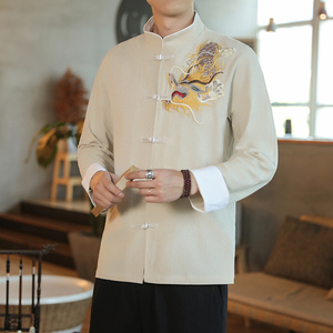 咖啡厅 风春装男士胸前龙刺绣长袖衬衫麻本色A032/C26/65控78图片