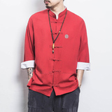 白墙风夏装男士七分袖衬衫棉麻短袖衬衣藏青A032/C66/55控68，男装衬衫，电商A032