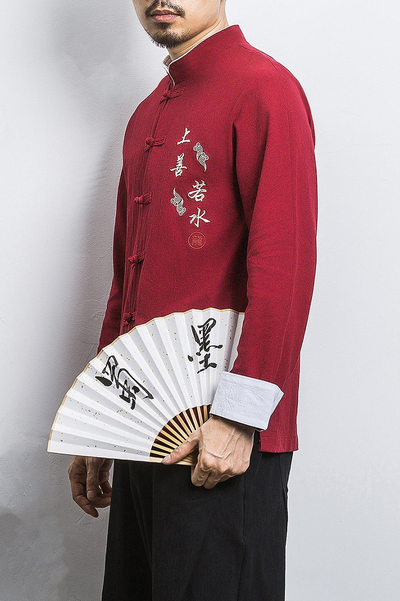 白墙风春装男士上善若水刺绣长袖衬衫红A032/C21/55控68,男装衬衫,电商A032