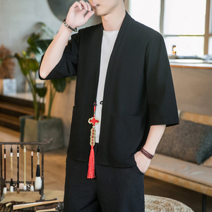 咖啡厅夏季风纯色汉服开衫 藏青七分袖铜钱道袍A032/KS006/60图片