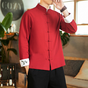 咖啡厅 风春装男士袖口鹤刺绣长袖衬衫麻本  A032/C23/55控68图片