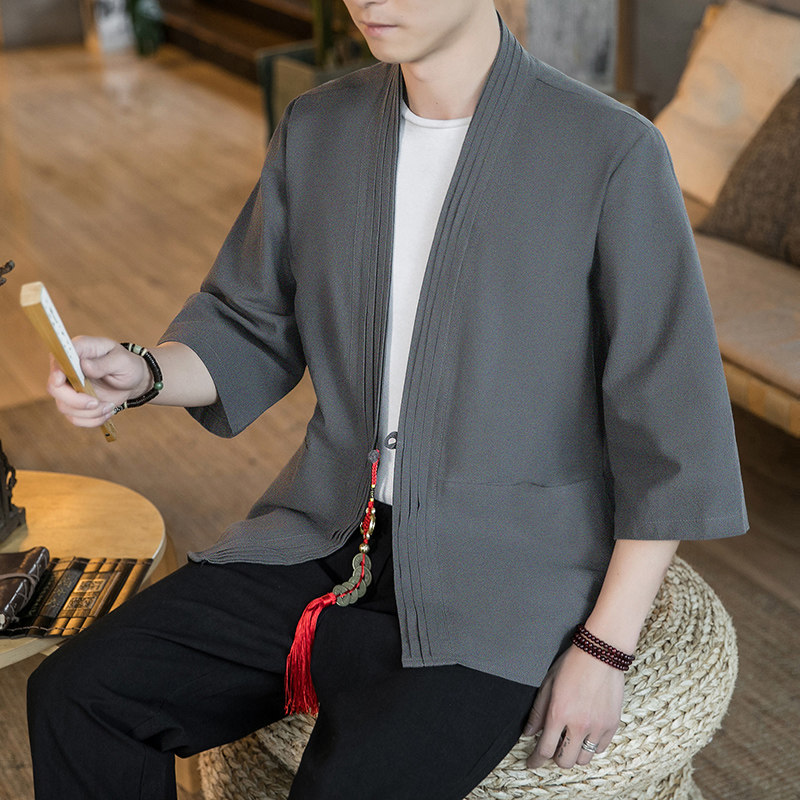 咖啡厅夏季风纯色汉服开衫灰色七分袖铜钱道袍A032/KS006/60,男装衬衫,电商A032