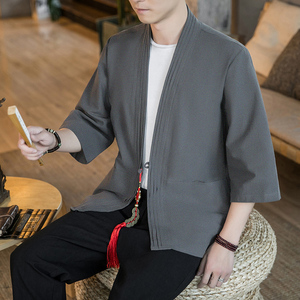 咖啡厅夏季风纯色汉服开衫 灰色七分袖铜钱道袍A032/KS006/60图片