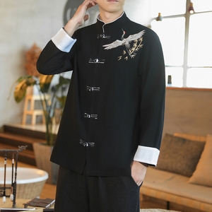 咖啡厅风春装男士撞色盘扣飞鹤图刺绣衬衫黑色A032/C27/65,草莓色大衣怎么搭配图片图片