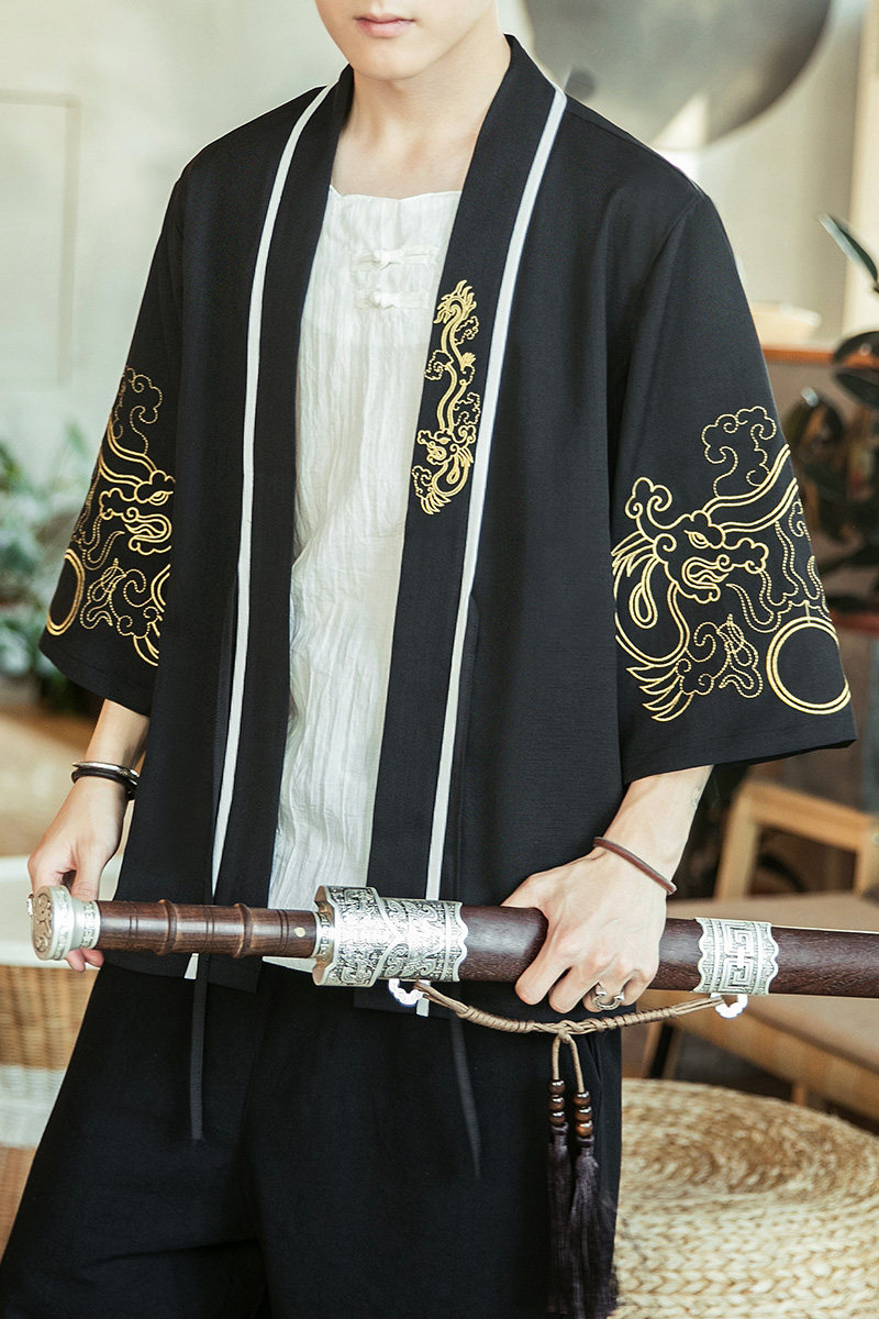 咖啡厅风夏装新款龙腾刺绣汉服开衫衬衫黑色A032/2204/50控68,男装衬衫,电商A032