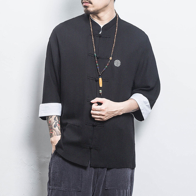 白墙风夏装男士七分袖衬衫棉麻短袖衬衣黑色A032/C66/55控68,男装衬衫,电商A032