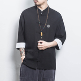 白墙风夏装男士七分袖衬衫棉麻短袖衬衣黑色A032/C66/55控68，男装衬衫，电商A032