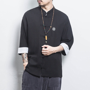 白墙风夏装 男士七分袖衬衫棉麻短袖衬衣黑色A032/C66/55控68图片