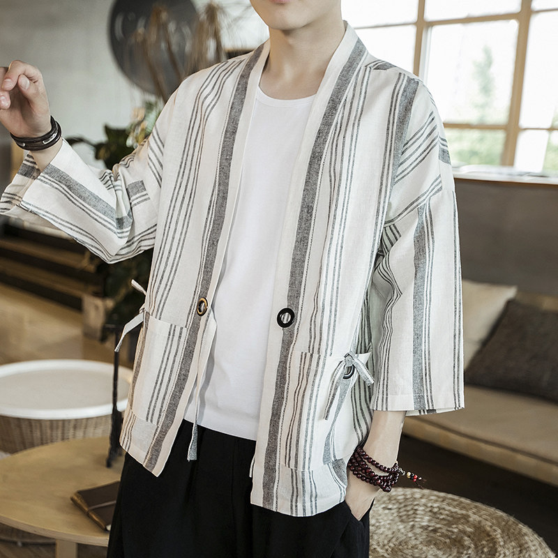 咖啡厅夏装风男士条纹开衫T恤白色条纹汉服A032/1816/特P50,男装衬衫,电商A032