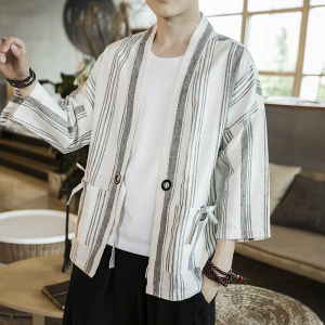 咖啡厅夏装风男士条纹开衫T恤白色条纹汉服A032/1816/特P50