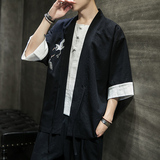 W基地风夏装男士汉服仙鹤刺绣开衫湖蓝色A032/KS003/50控68，男装衬衫，电商A032