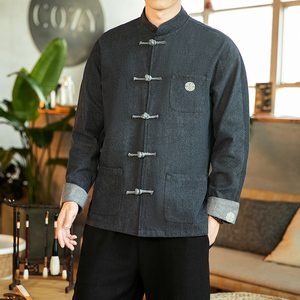 咖啡厅风春装男士盘扣牛仔刺绣夹克黑色 A032/NY22/120控148图片