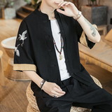 咖啡厅风男士短袖衬衫仙鹤刺绣衬衣黑色A032/DS003/50控68，男装衬衫，电商A032