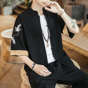 咖啡厅 风男士短袖衬衫仙鹤刺绣衬衣黑色A032/DS003/50控68图片