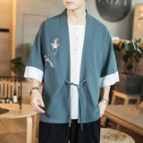 咖啡厅风夏装男士汉服仙鹤刺绣开衫湖蓝色A032/KS003/50控68，男装衬衫，电商A032