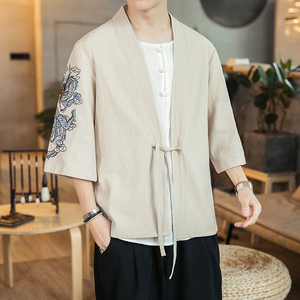 咖啡厅 风夏装男士汉服龙刺绣开衫卡其色A032/KS002/50控68图片