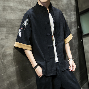 W基地风男士短袖衬衫仙鹤刺绣衬衣黑色A032/DS003/50控68