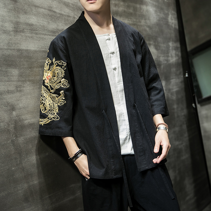W基地风夏装男士汉服龙刺绣开衫黑色A032/KS002/50控68，男装衬衫，电商A032