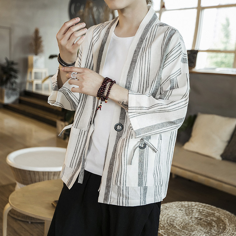 咖啡厅夏装风男士条纹开衫T恤白色条纹汉服A032/1816/特P50,男装衬衫,电商A032