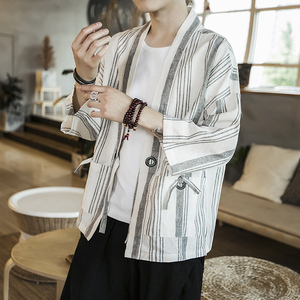 咖啡厅 夏装风男士条纹开衫T恤白色条纹汉服A032/1816/特P50图片