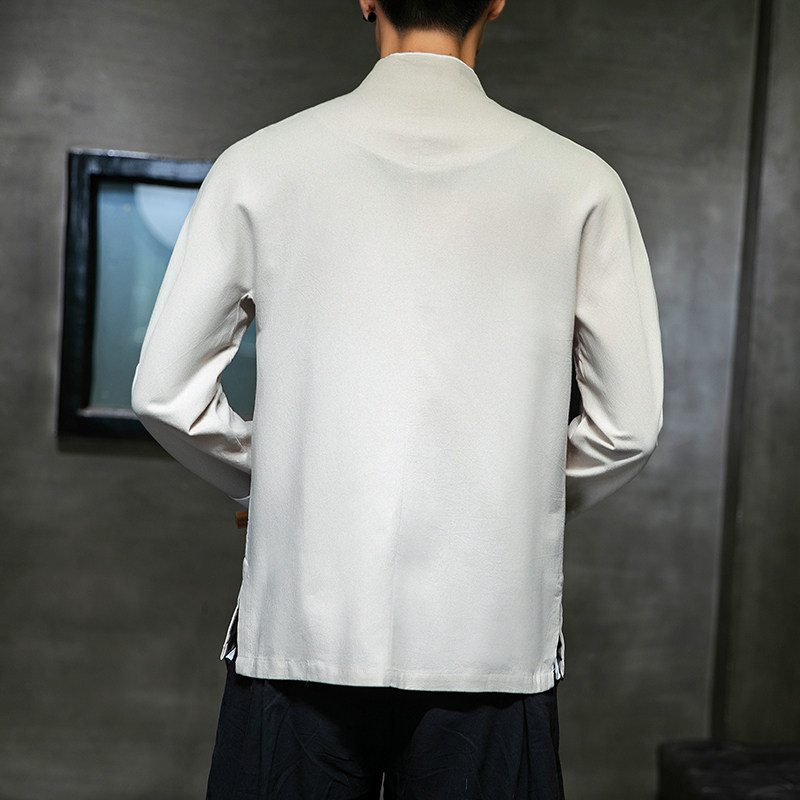 W基地风春装男士胸前鹤刺绣长袖衬衫麻本色A032/C22/55控68,男装衬衫,电商A032