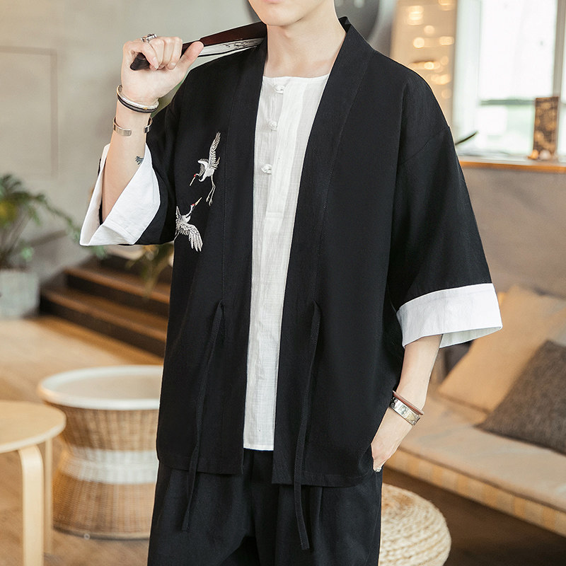 咖啡厅风夏装男士汉服仙鹤刺绣开衫黑色A032/KS003/50控68,男装衬衫,电商A032