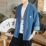 咖啡厅风男士汉服开衫盘扣牛仔外套蓝色A032/KS001/65控78，男装衬衫，电商A032