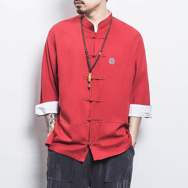 白墙风夏装 男士七分袖衬衫棉麻短袖衬衣红色A032/C66/55控68图片