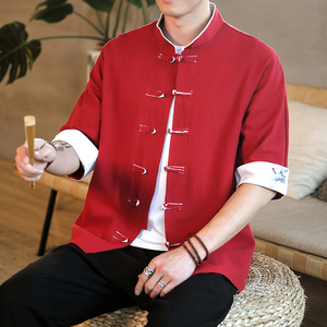 2022风男士撞色扣子仙鹤刺绣七分袖衬衫红色A032/C61/55控68图片