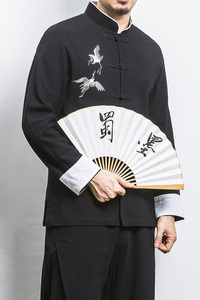 白墙 风春装男士胸前鹤刺绣长袖衬衫红  A032/C22/55控68图片