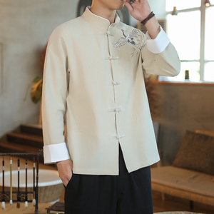 咖啡厅 风春装男士撞色盘扣飞鹤图刺绣衬衫麻本色A032/C27/65图片