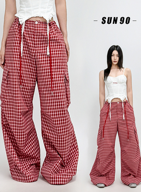 SUN90日系复古红色格纹伞兵阔腿长裤女辣妹风慵懒休闲直筒遛弯裤