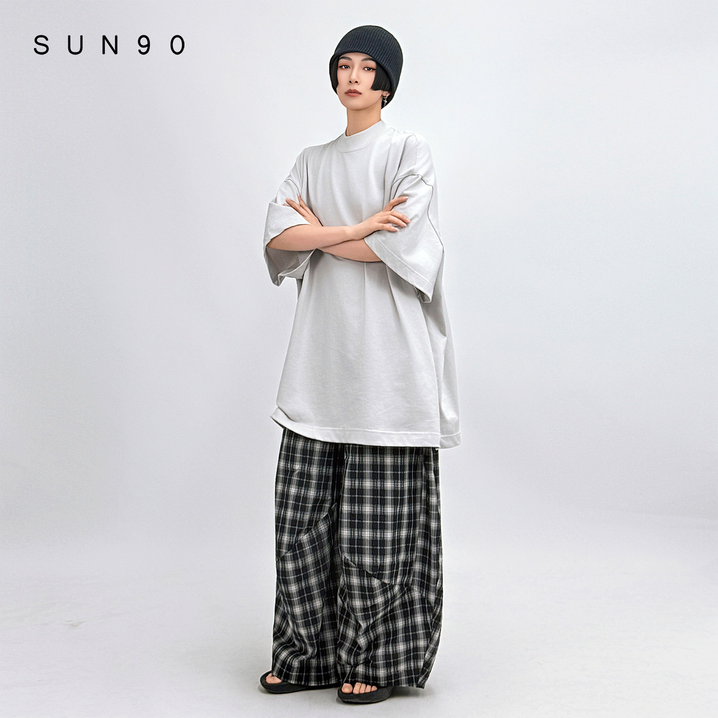 SUN90 中长款大廓形挺括重磅全棉T恤女水冷灰oversize盖屁股上衣