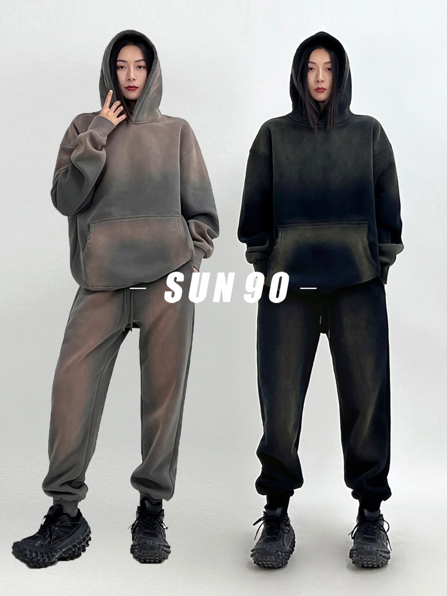 SUN90美式休闲运动套装女渐变色甜辣风时尚oversize加绒两件套潮