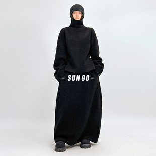 SUN90 女高领上衣搭配廓形半裙 慵懒老钱风高级感加厚颗粒羊毛套装
