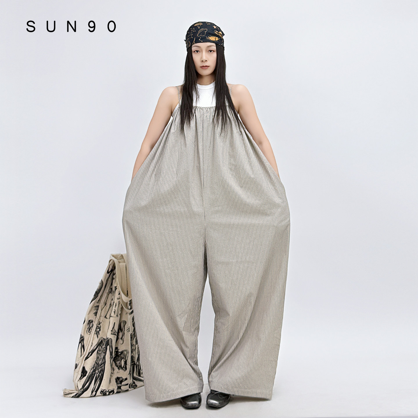 SUN90 复古松弛慵懒风日系背带裤女夏垂坠大码显瘦轻薄吊带连体裤