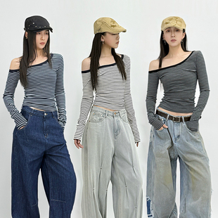 ins风露肩弹力打底衫 SUN90 T恤女小红书爆款 复古条纹斜肩长袖 美式