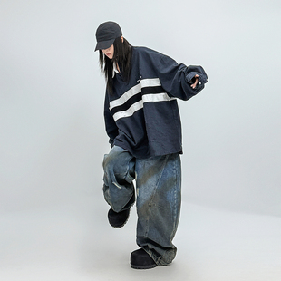 SUN90美式 街头复古水洗破坏不对称polo领卫衣无性别慵懒ins风上衣