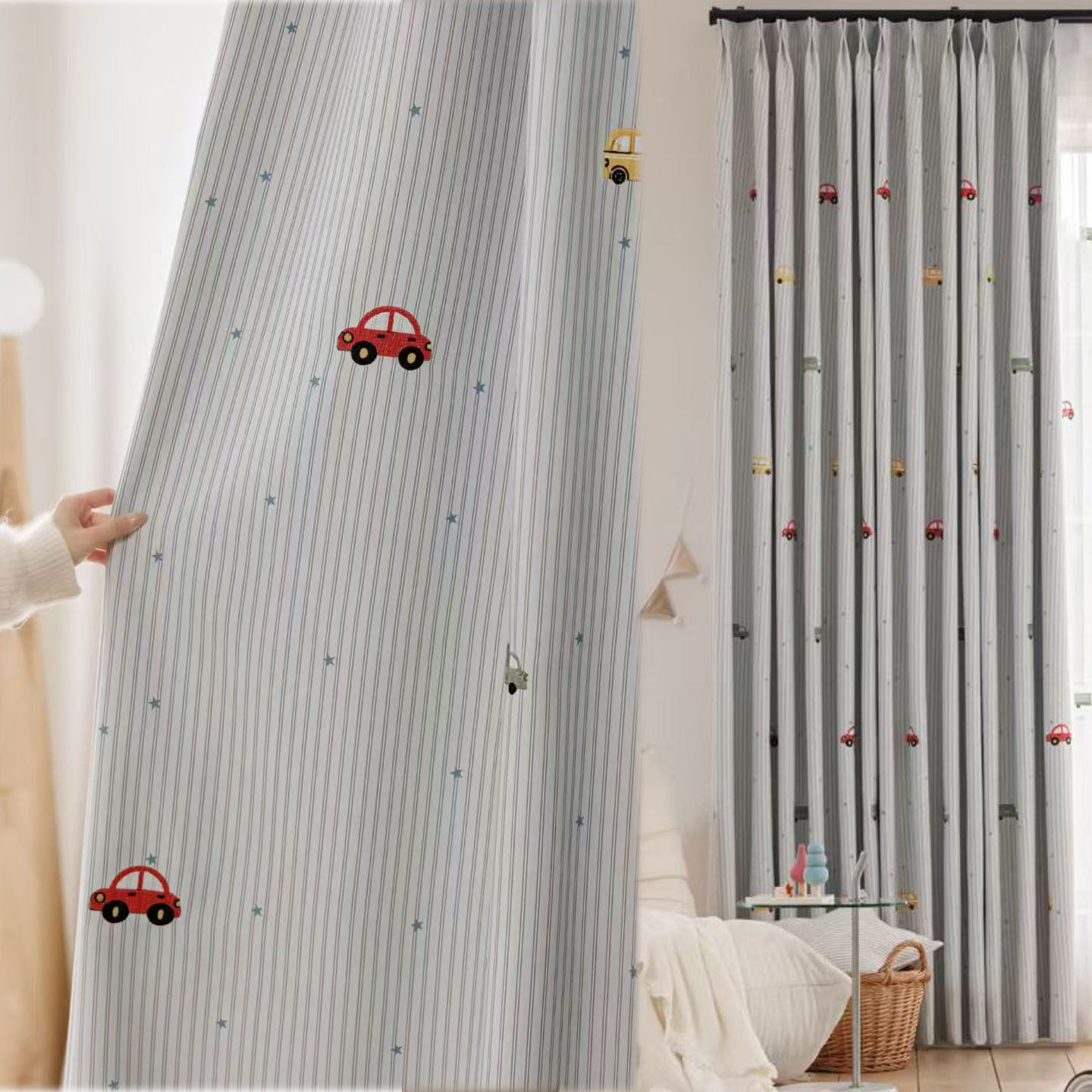 卡通小汽车加厚遮光窗帘儿童房男孩卧室条纹童趣飘窗落地新款定制