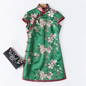 中式 复古春夏款 满身刺绣花修身 中国风 显瘦小盖袖 改良旗袍连衣裙