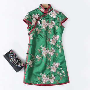 中国风 中式复古春夏款满身刺绣花修身显瘦小盖袖改良旗袍连衣裙