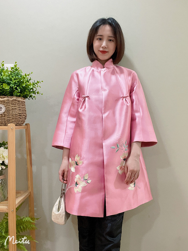 夏姿风 中式秋季玉兰花刺绣花A型连袖9分袖宽松中长款风衣外套女