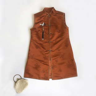 精工制作 复古中式真丝桑蚕丝盘扣对襟双滚边中长款旗袍马甲女